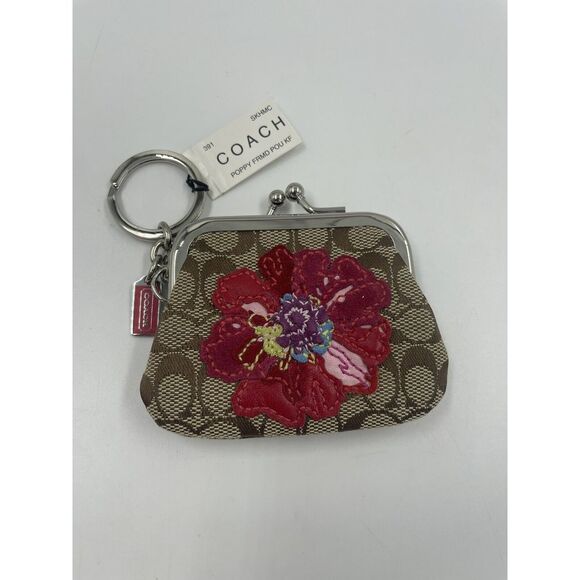 Coach Mini Signature Poppy Appliqué Kiss-lock Coin Purse FOB Key Chain NWT VTG - Picture 1 of 9